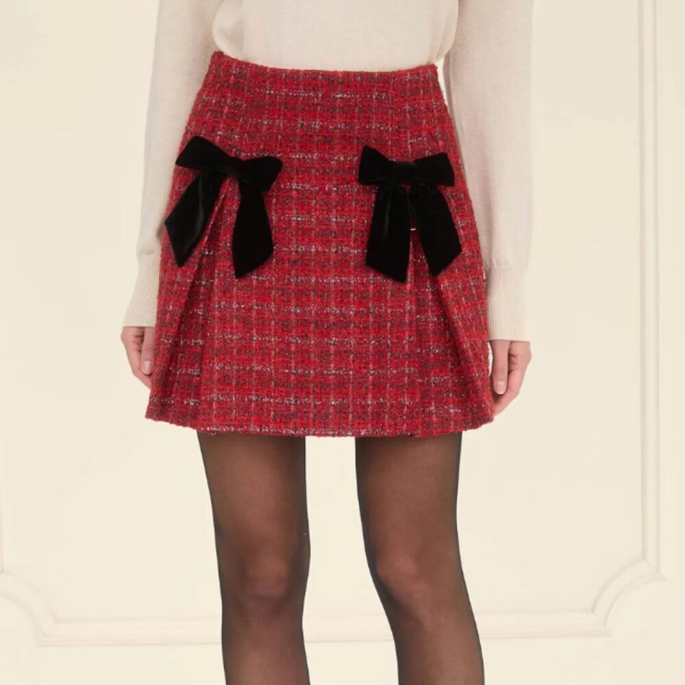 Plaid Tweed Mini Skirt with Ribbon Detail